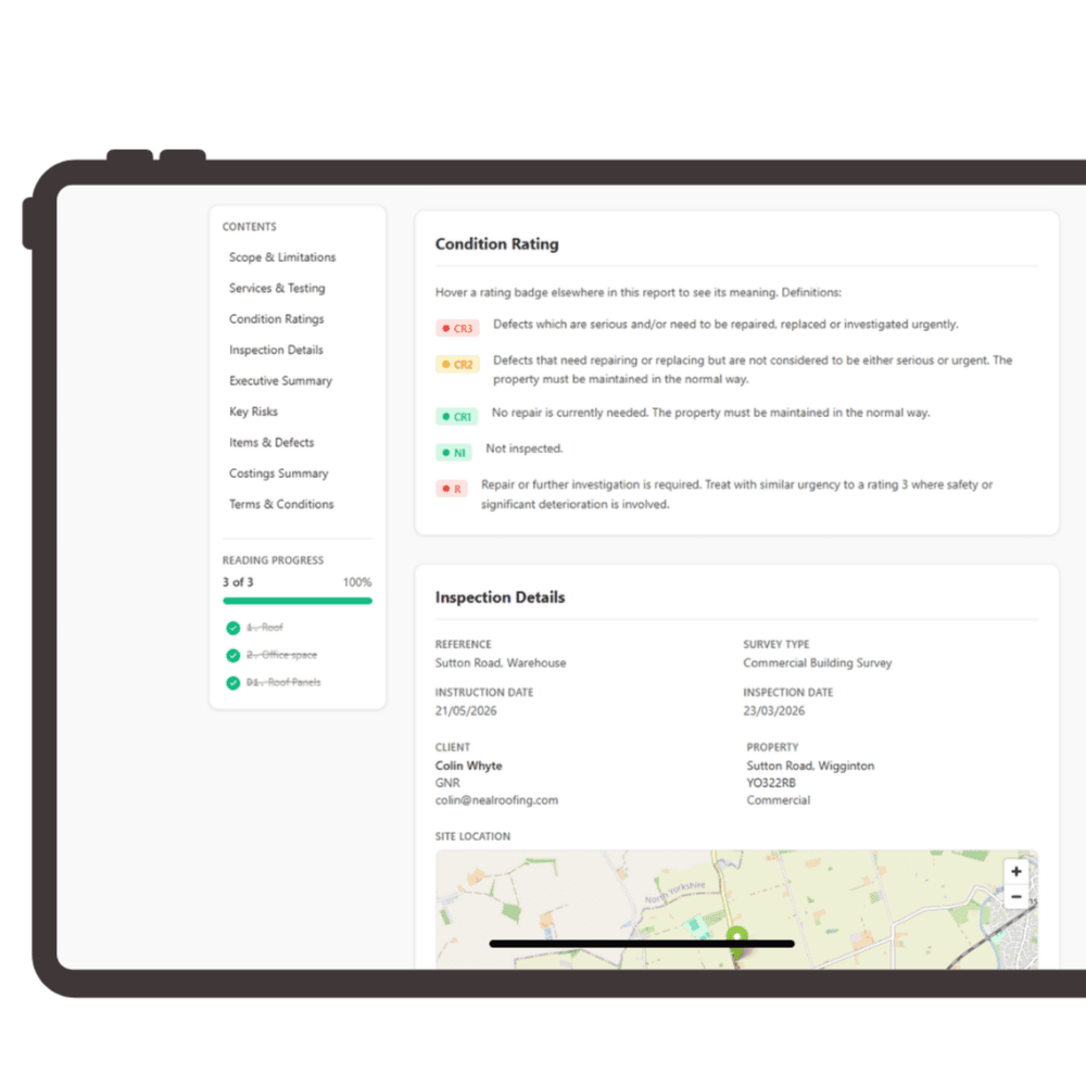 InstaSurv report builder with condition ratings, inspection details and reading progress